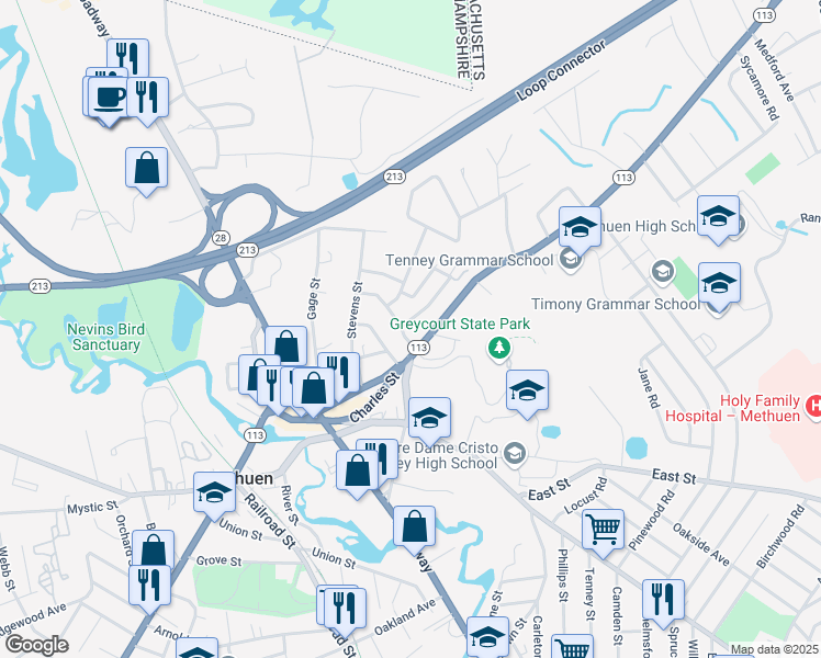 map of restaurants, bars, coffee shops, grocery stores, and more near 42 Pleasant Street in Methuen