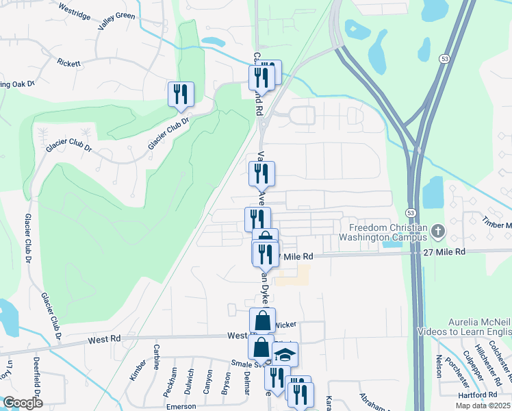 map of restaurants, bars, coffee shops, grocery stores, and more near 59253 Van Dyke Avenue in Washington