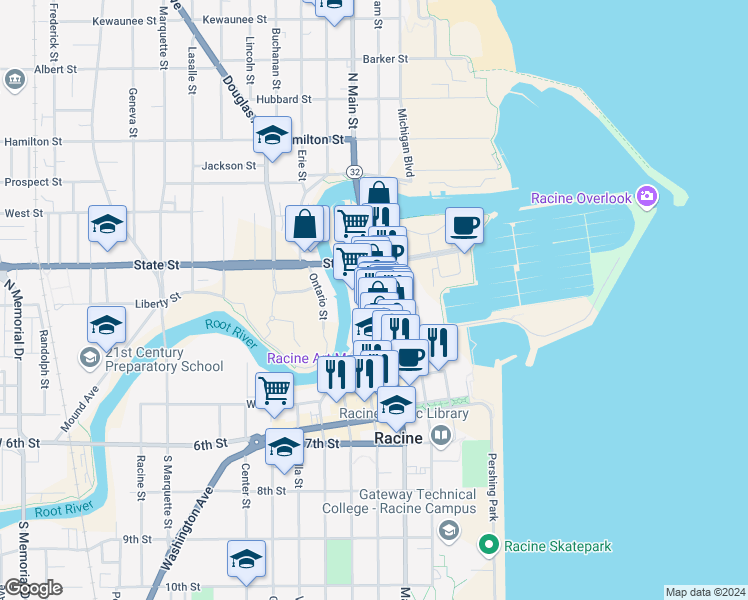 map of restaurants, bars, coffee shops, grocery stores, and more near 234 Wisconsin Avenue in Racine