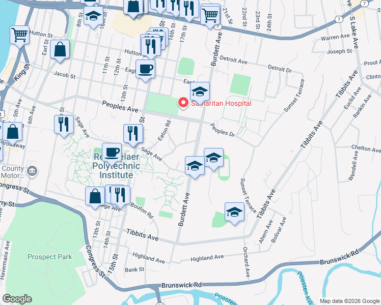 map of restaurants, bars, coffee shops, grocery stores, and more near 2119 Burdett Avenue in Troy