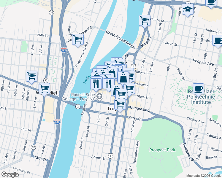 map of restaurants, bars, coffee shops, grocery stores, and more near 33 2nd Street in Troy