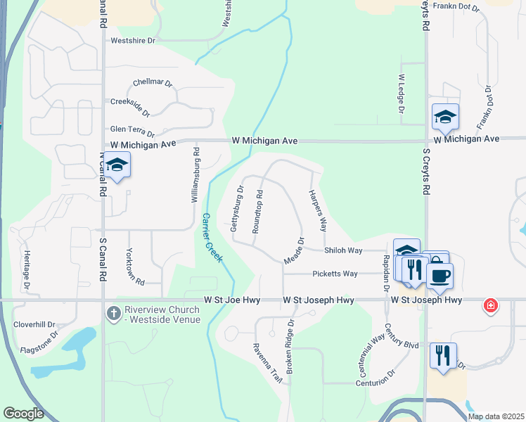 map of restaurants, bars, coffee shops, grocery stores, and more near 317 Roundtop Road in Lansing