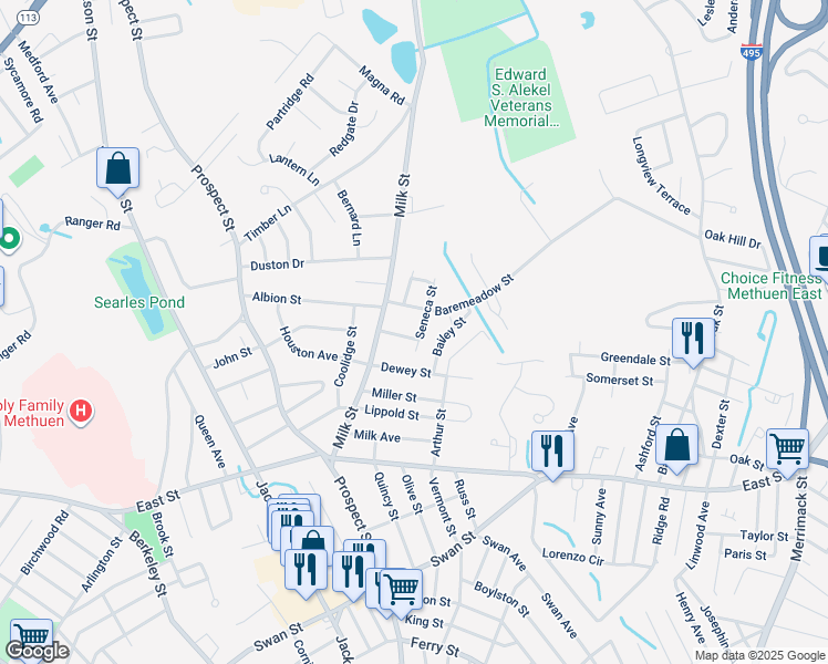map of restaurants, bars, coffee shops, grocery stores, and more near 18 Linden Street in Methuen