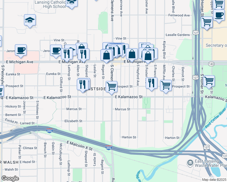 map of restaurants, bars, coffee shops, grocery stores, and more near 313 South Clemens Avenue in Lansing