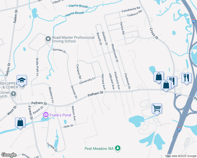 map of restaurants, bars, coffee shops, grocery stores, and more near 2 University Lane in Methuen
