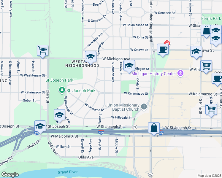map of restaurants, bars, coffee shops, grocery stores, and more near 324 South Jenison Avenue in Lansing