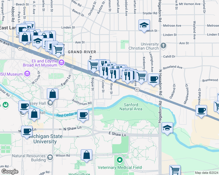 map of restaurants, bars, coffee shops, grocery stores, and more near 210 River Street in East Lansing