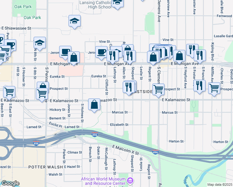 map of restaurants, bars, coffee shops, grocery stores, and more near 311 Lathrop Street in Lansing