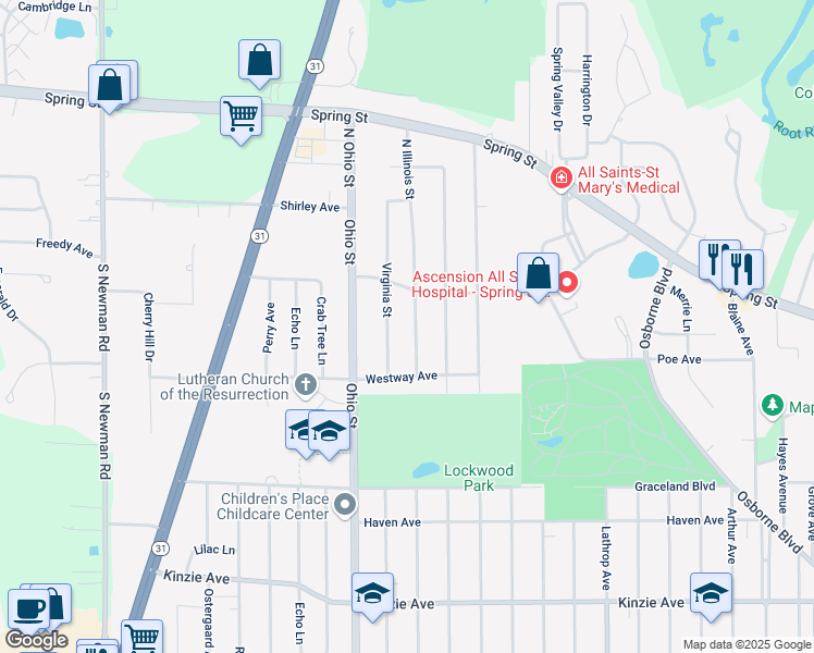 map of restaurants, bars, coffee shops, grocery stores, and more near 134 Illinois Street in Racine