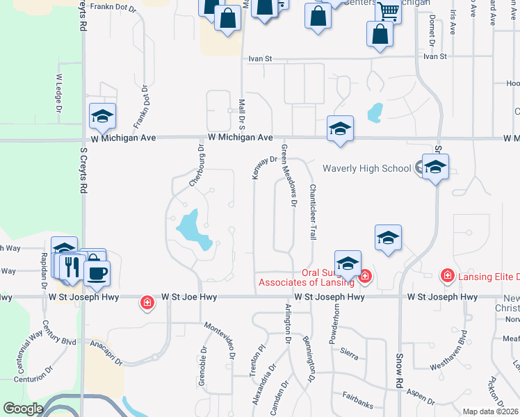 map of restaurants, bars, coffee shops, grocery stores, and more near 325 Kenway Drive in Lansing