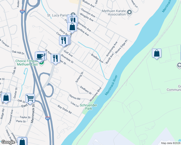 map of restaurants, bars, coffee shops, grocery stores, and more near 37 Riverdale Street in Methuen