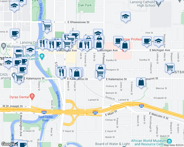 map of restaurants, bars, coffee shops, grocery stores, and more near 312 South 8th Street in Lansing