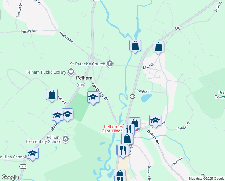 map of restaurants, bars, coffee shops, grocery stores, and more near 83 Old Bridge Street in Pelham