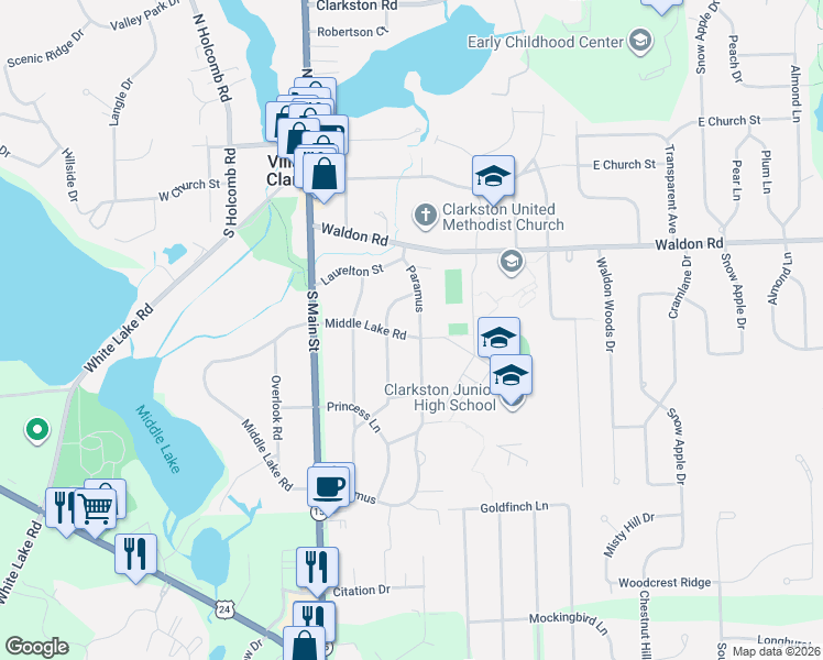 map of restaurants, bars, coffee shops, grocery stores, and more near 6351 Paramus in Clarkston