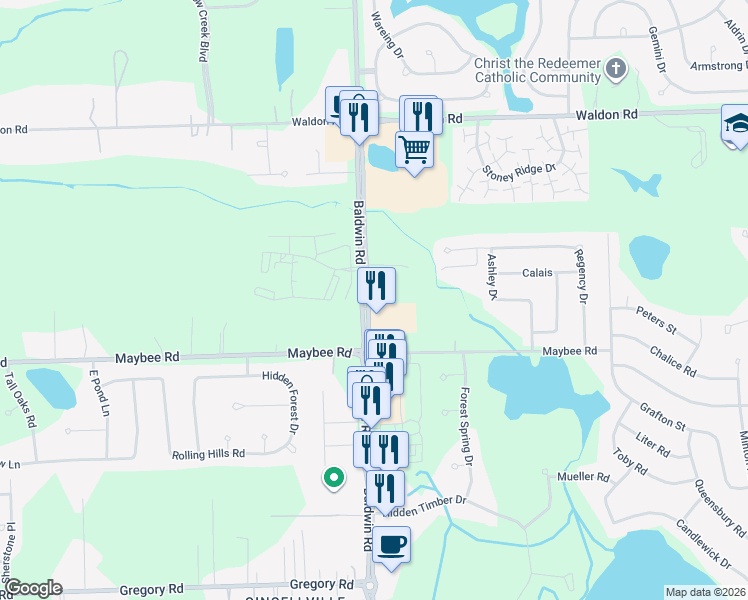 map of restaurants, bars, coffee shops, grocery stores, and more near 3371 South Baldwin Road in Oakland County