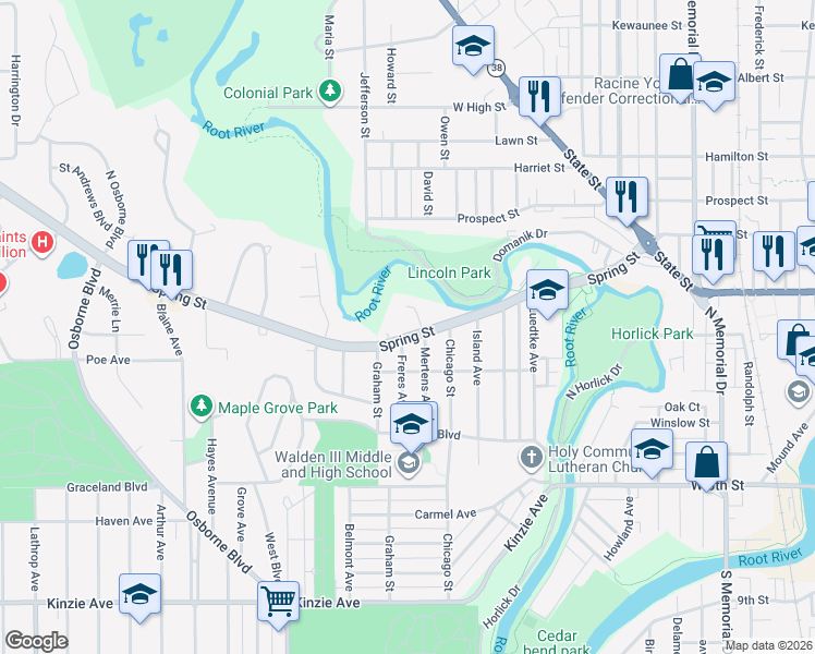 map of restaurants, bars, coffee shops, grocery stores, and more near 2416 Spring Street in Racine