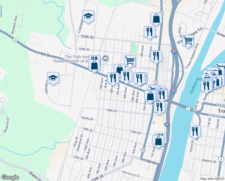 map of restaurants, bars, coffee shops, grocery stores, and more near 1853 7th Avenue in Watervliet