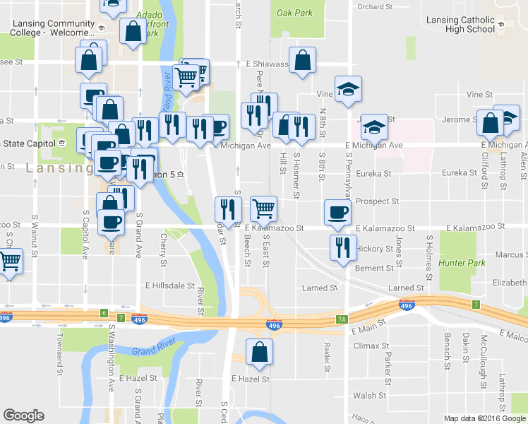 map of restaurants, bars, coffee shops, grocery stores, and more near 630 Park Place in Lansing