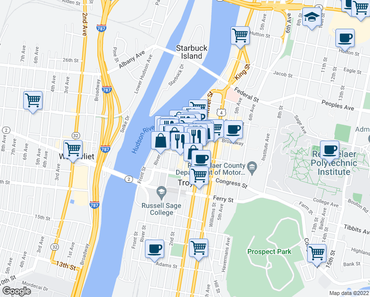map of restaurants, bars, coffee shops, grocery stores, and more near 33 2nd Street in Troy