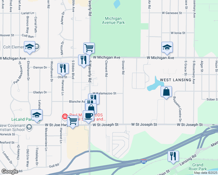 map of restaurants, bars, coffee shops, grocery stores, and more near 345 Clement Road in Lansing
