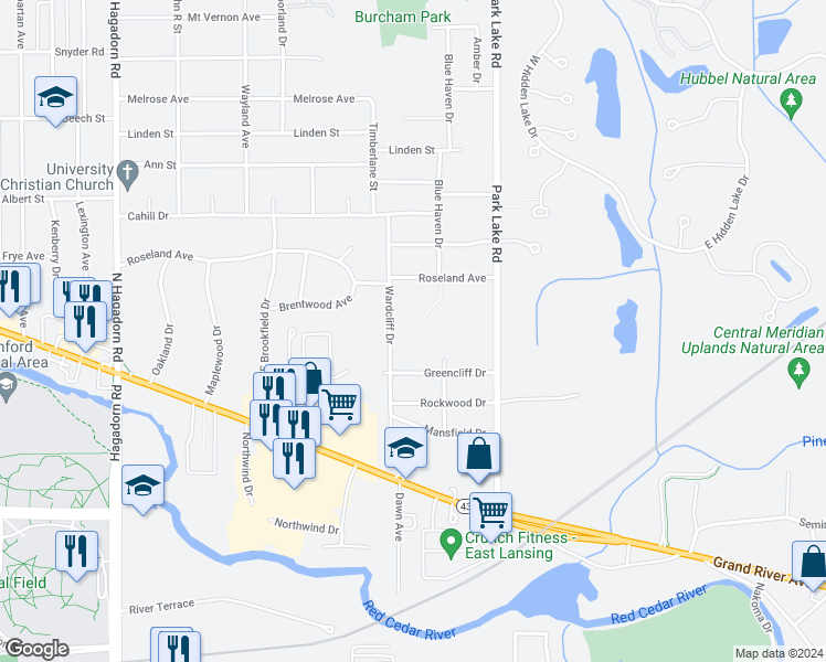 map of restaurants, bars, coffee shops, grocery stores, and more near 5150 Wardcliff Drive in East Lansing