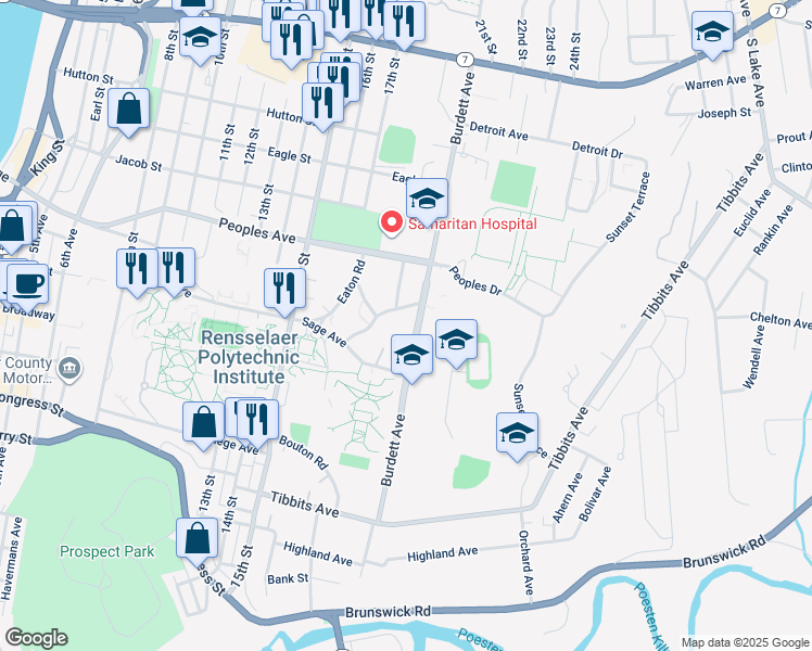 map of restaurants, bars, coffee shops, grocery stores, and more near 2119 Burdett Avenue in Troy