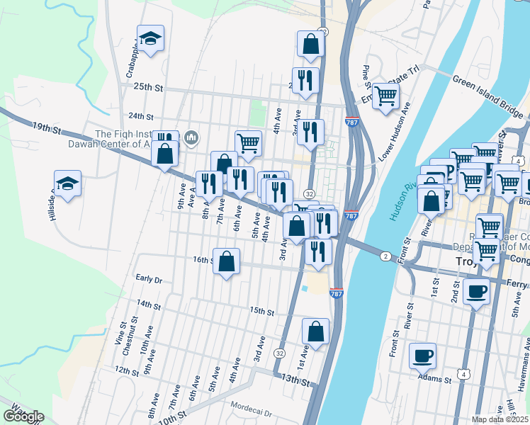 map of restaurants, bars, coffee shops, grocery stores, and more near 1841 4th Avenue in Watervliet