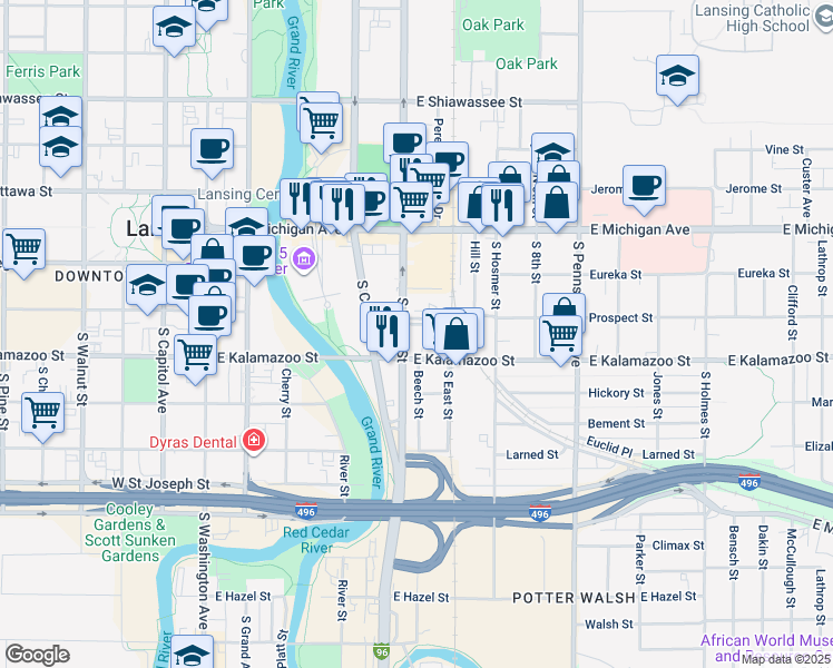 map of restaurants, bars, coffee shops, grocery stores, and more near 610 Park Place in Lansing