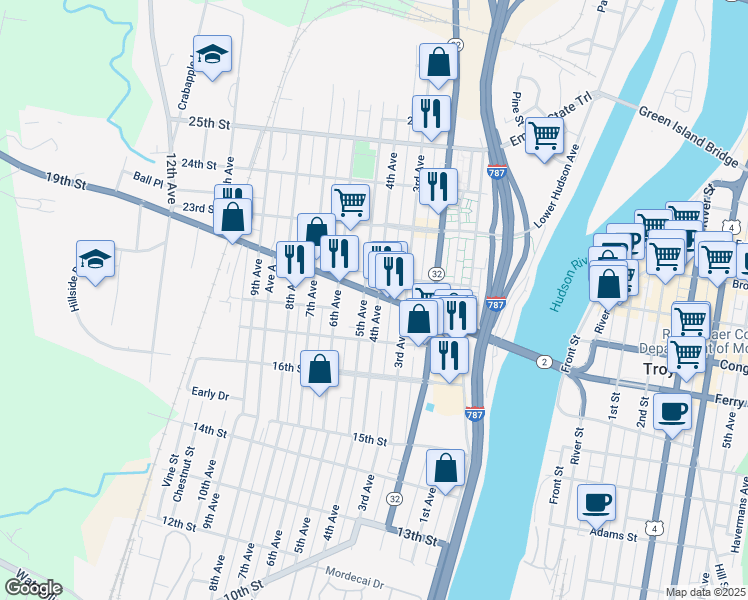 map of restaurants, bars, coffee shops, grocery stores, and more near 1841 4th Avenue in Watervliet