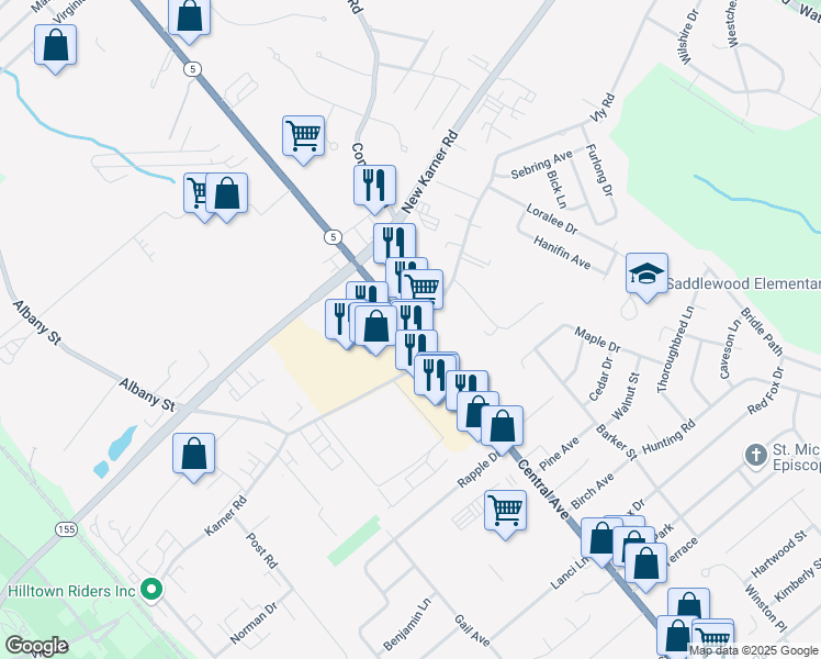 map of restaurants, bars, coffee shops, grocery stores, and more near Kohl's Plaza in Colonie
