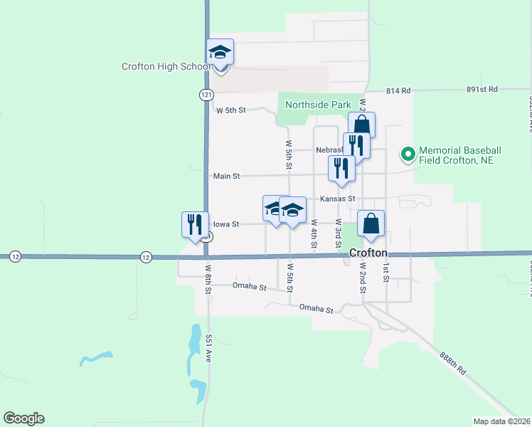 map of restaurants, bars, coffee shops, grocery stores, and more near 601 Iowa Street in Crofton