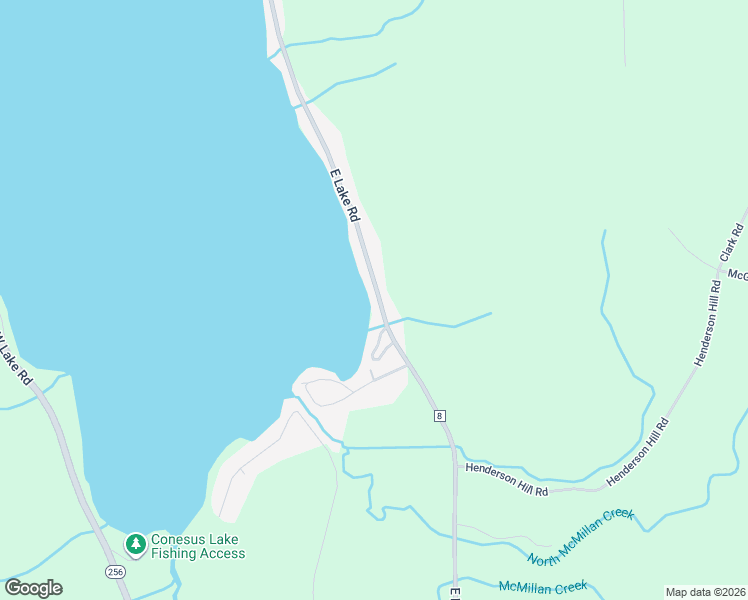 map of restaurants, bars, coffee shops, grocery stores, and more near 6010 East Lake Road in Conesus