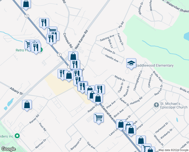 map of restaurants, bars, coffee shops, grocery stores, and more near 17 Hillside Avenue in Colonie