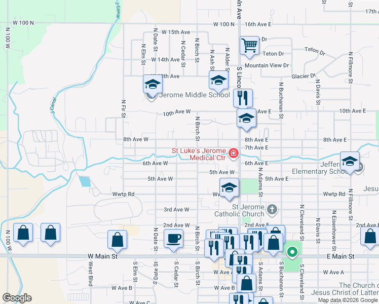 map of restaurants, bars, coffee shops, grocery stores, and more near 309 7th Avenue West in Jerome