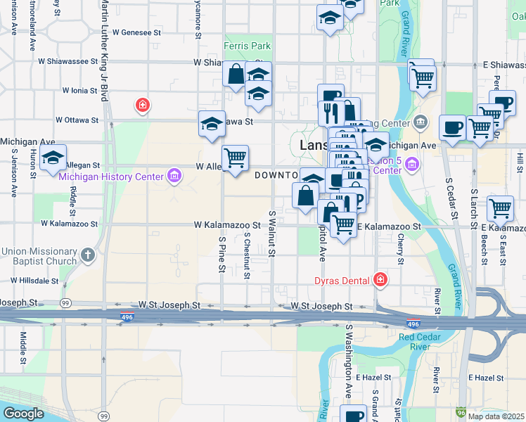 map of restaurants, bars, coffee shops, grocery stores, and more near 320 South Walnut Street in Lansing