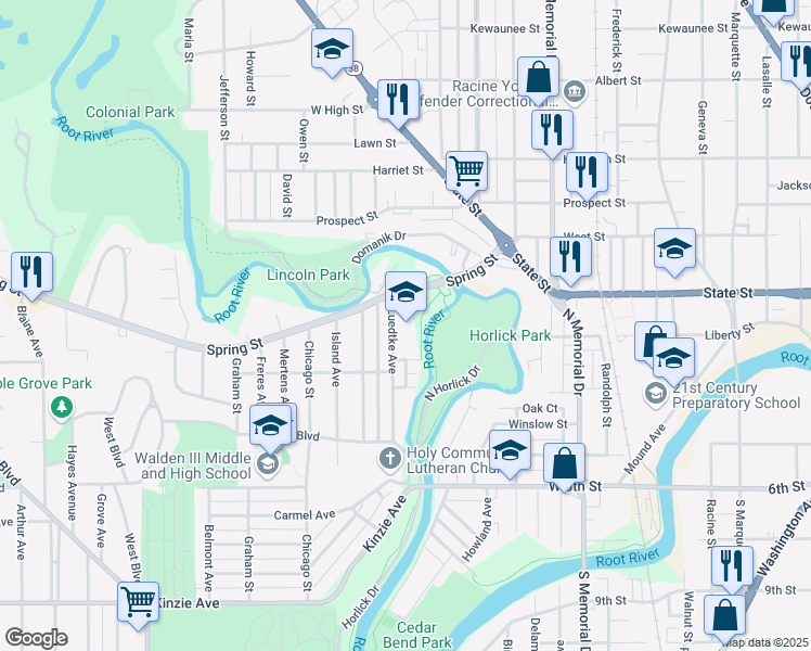 map of restaurants, bars, coffee shops, grocery stores, and more near 251 Luedtke Avenue in Racine
