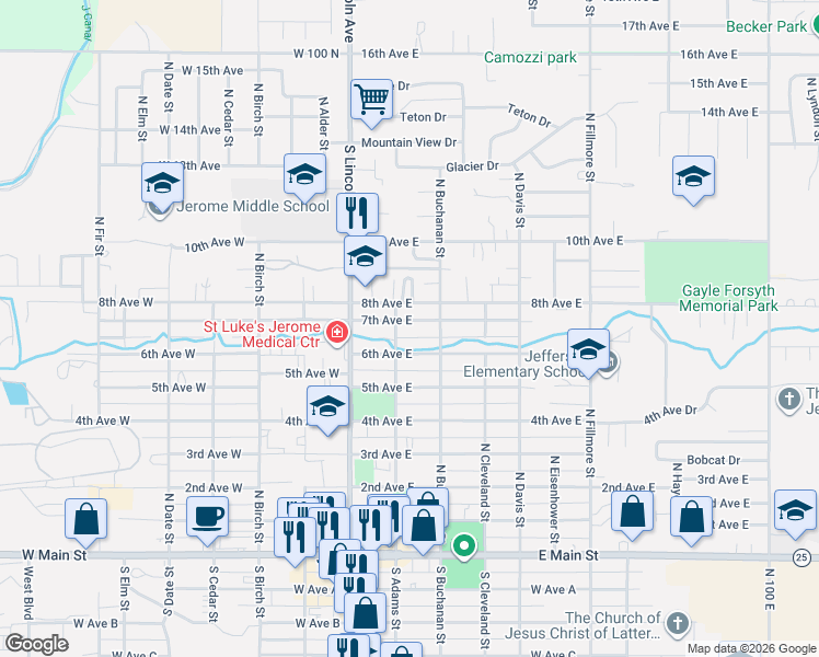 map of restaurants, bars, coffee shops, grocery stores, and more near 207 7th Avenue East in Jerome