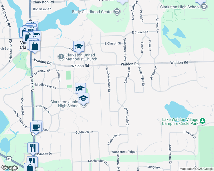 map of restaurants, bars, coffee shops, grocery stores, and more near 6415 Waldon Woods Drive in Clarkston