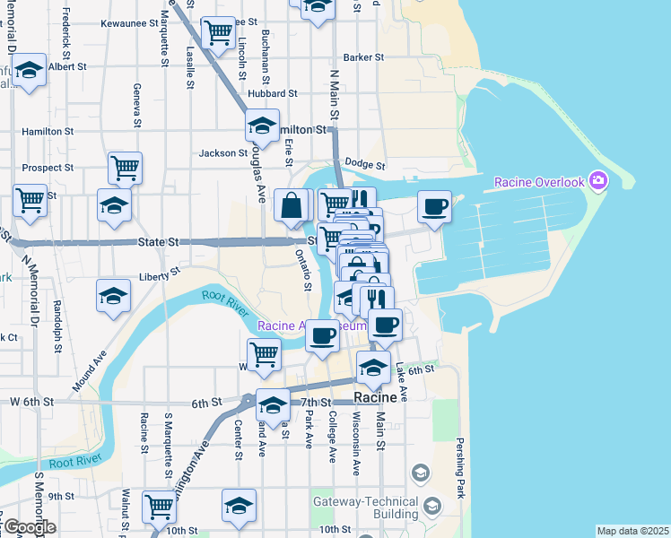 map of restaurants, bars, coffee shops, grocery stores, and more near 234 Wisconsin Avenue in Racine