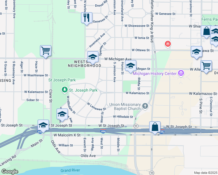 map of restaurants, bars, coffee shops, grocery stores, and more near 324 South Jenison Avenue in Lansing