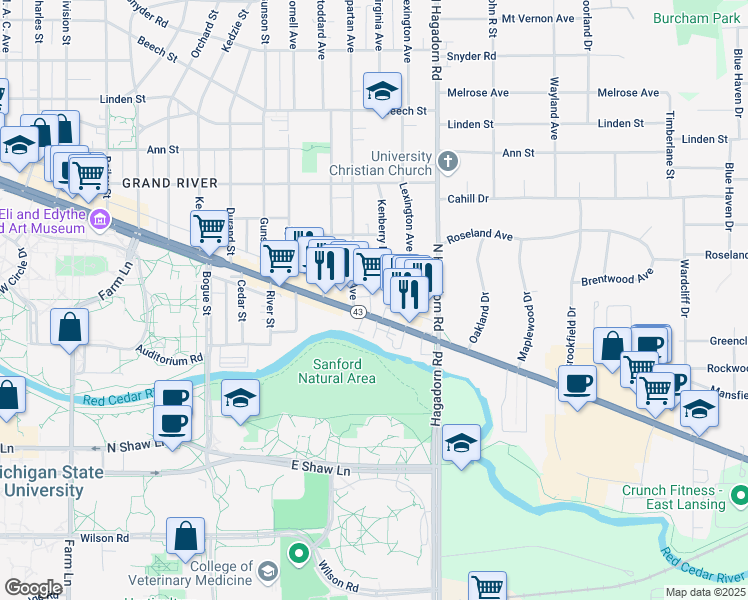 map of restaurants, bars, coffee shops, grocery stores, and more near 1331 East Grand River Avenue in Lansing