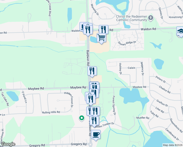 map of restaurants, bars, coffee shops, grocery stores, and more near 3371 South Baldwin Road in Orion charter Township