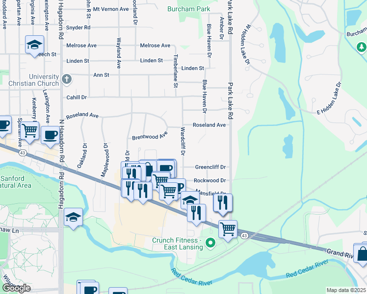 map of restaurants, bars, coffee shops, grocery stores, and more near 5150 Wardcliff Drive in East Lansing