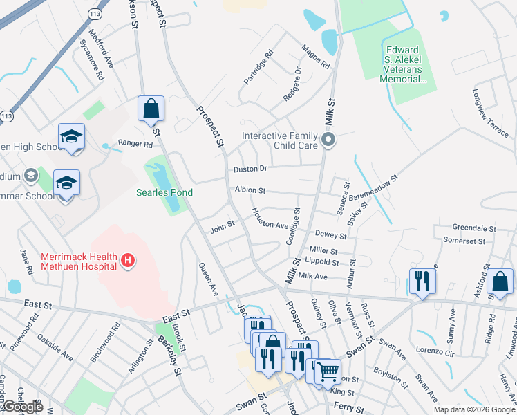 map of restaurants, bars, coffee shops, grocery stores, and more near 6 Houston Avenue in Methuen