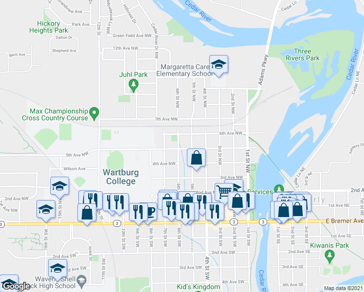 map of restaurants, bars, coffee shops, grocery stores, and more near 510 5th Avenue Northwest in Waverly