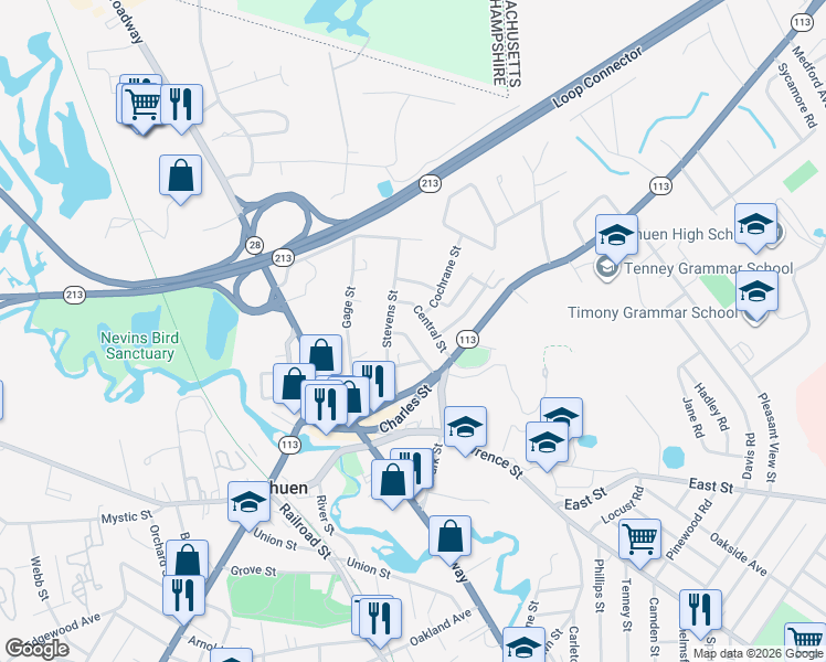 map of restaurants, bars, coffee shops, grocery stores, and more near 11 Tremont Street in Methuen