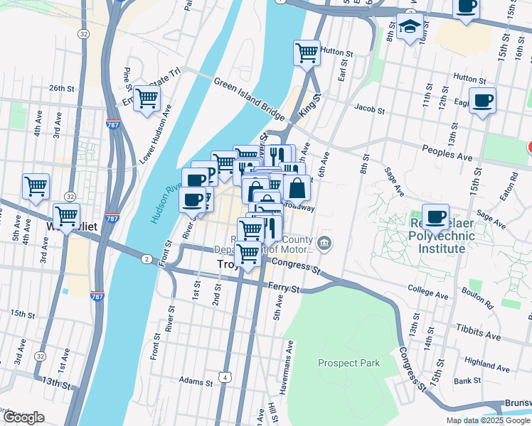 map of restaurants, bars, coffee shops, grocery stores, and more near 90 4th Street in Troy