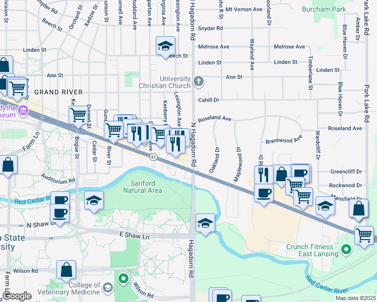 map of restaurants, bars, coffee shops, grocery stores, and more near 126 North Hagadorn Road in East Lansing