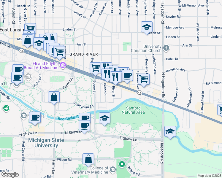 map of restaurants, bars, coffee shops, grocery stores, and more near 210 River Street in East Lansing