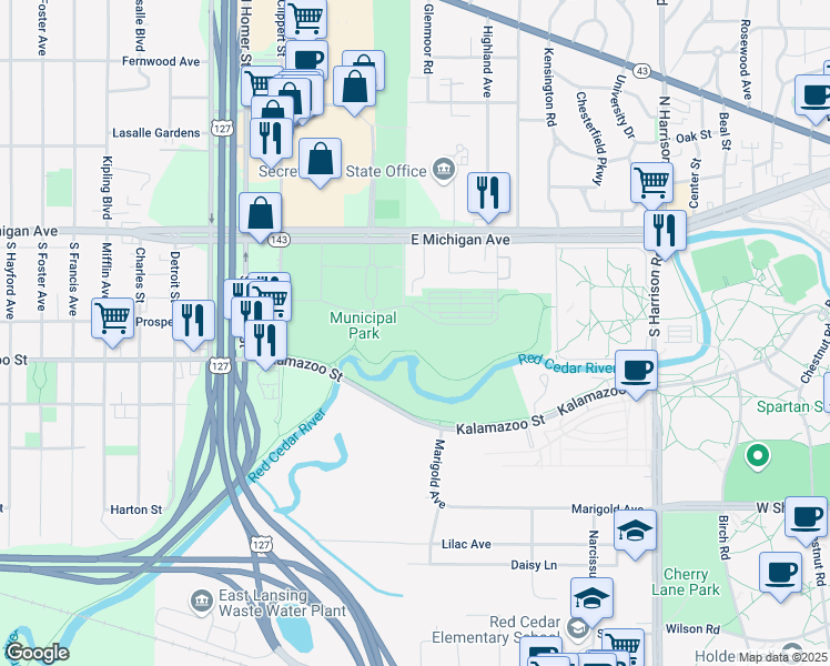 map of restaurants, bars, coffee shops, grocery stores, and more near 136 Reniger Court in East Lansing